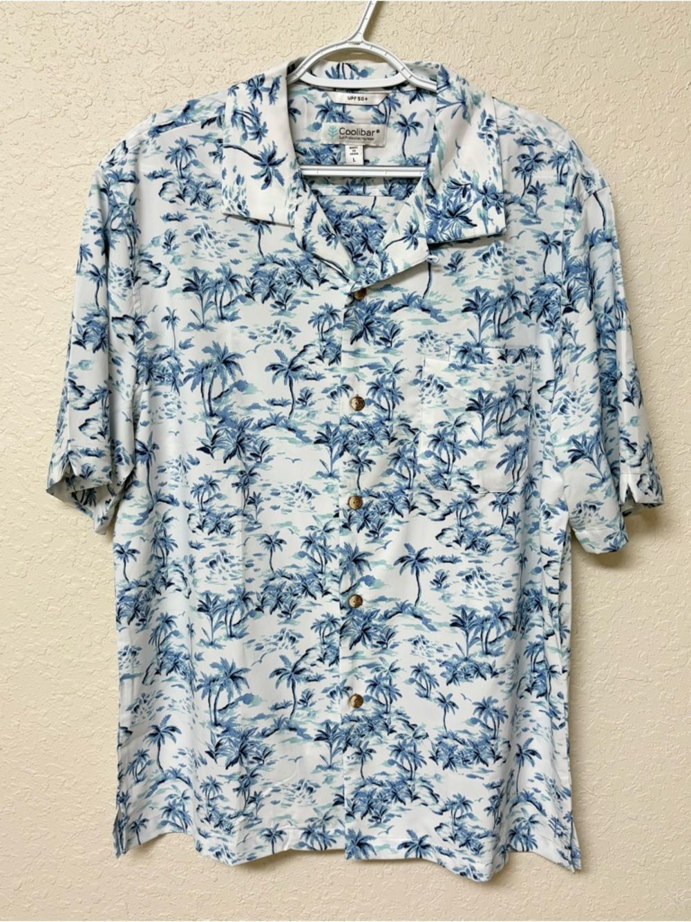 Coolibar Blue Palm Tree Short Sleeve Button Shirt Size L UPF 50+ Sun Protection